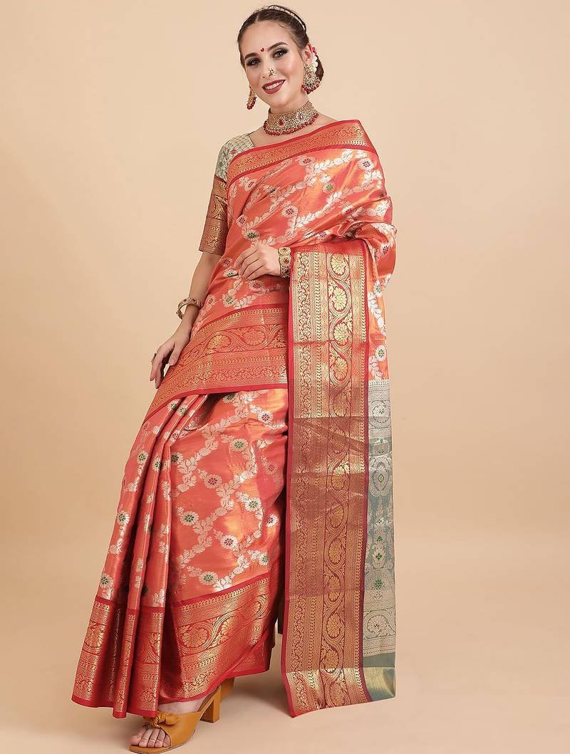 orange orange woven design zari silk blend banarasi saree