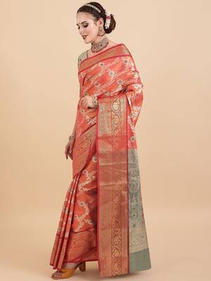 orange orange woven design zari silk blend banarasi saree 2
