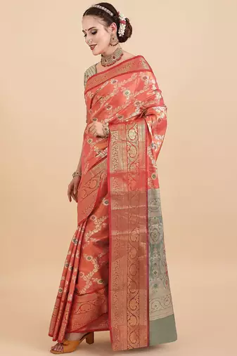 orange orange woven design zari silk blend banarasi saree