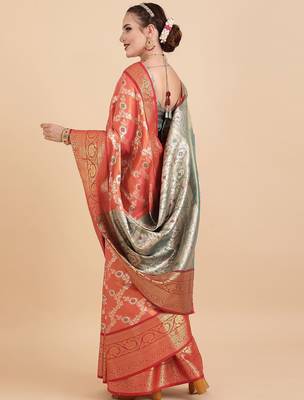 orange orange woven design zari silk blend banarasi saree 3