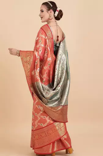 orange orange woven design zari silk blend banarasi saree