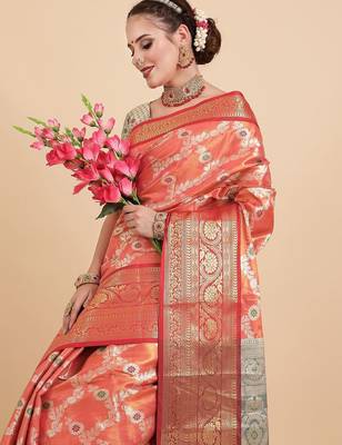 orange orange woven design zari silk blend banarasi saree 5