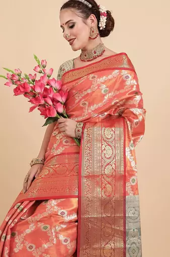 orange orange woven design zari silk blend banarasi saree