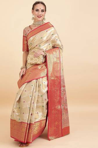 cream ethnic motif woven design zari banarasi saree