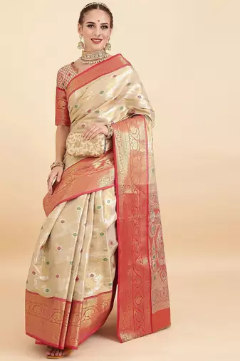 cream ethnic motif woven design zari banarasi saree