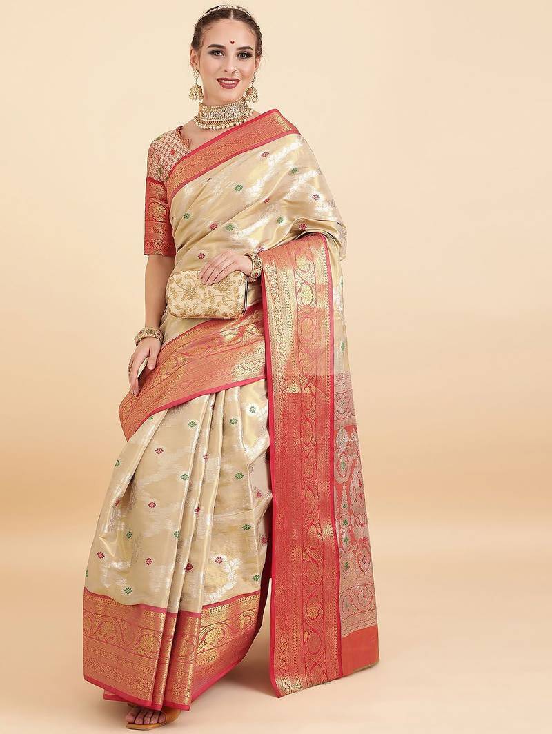 cream ethnic motif woven design zari banarasi saree
