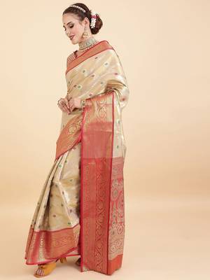 cream ethnic motif woven design zari banarasi saree 2