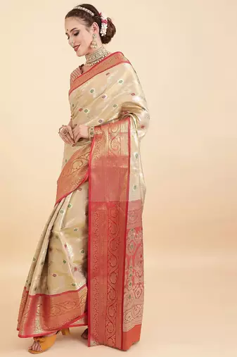 cream ethnic motif woven design zari banarasi saree