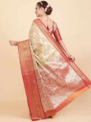 cream ethnic motif woven design zari banarasi saree 3