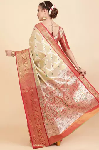 cream ethnic motif woven design zari banarasi saree