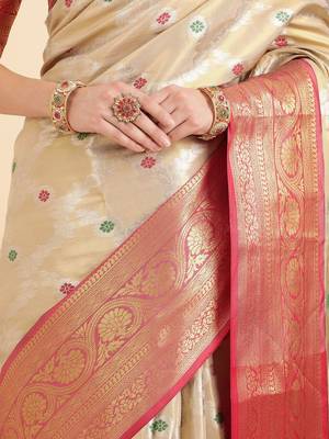 cream ethnic motif woven design zari banarasi saree 5