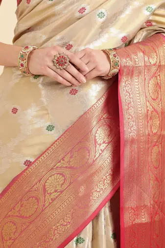 cream ethnic motif woven design zari banarasi saree