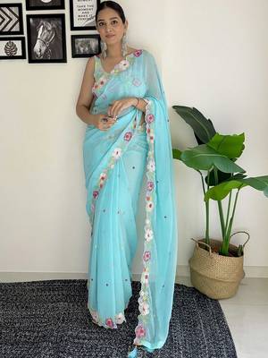 blue floral embroidered sequinned  saree 1
