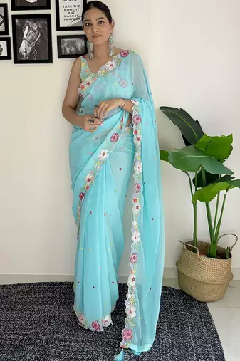 blue floral embroidered sequinned  saree