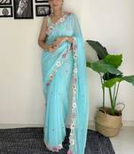 blue floral embroidered sequinned  saree