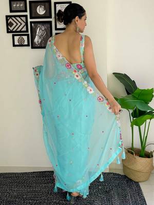 blue floral embroidered sequinned  saree 2