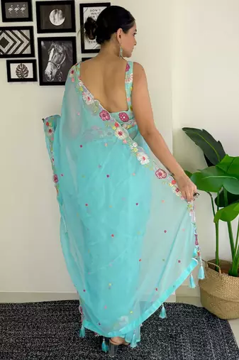 blue floral embroidered sequinned  saree