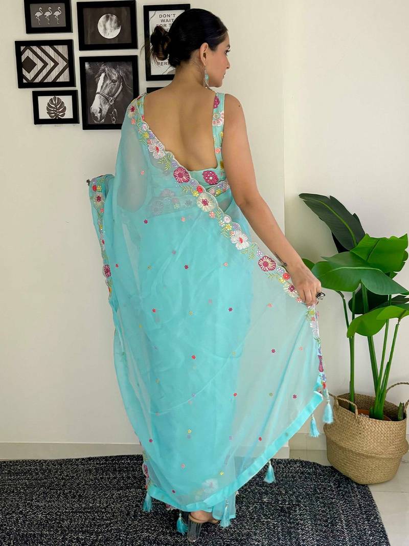 blue floral embroidered sequinned  saree