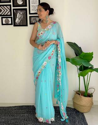 blue floral embroidered sequinned  saree 3