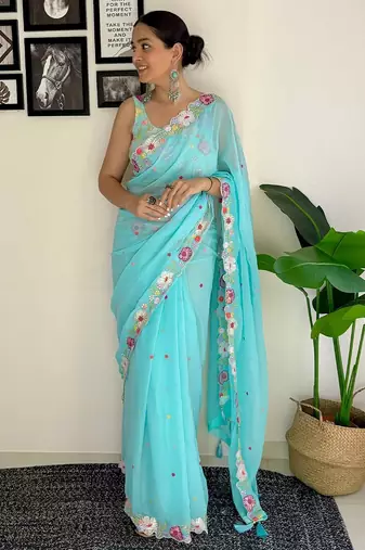 blue floral embroidered sequinned  saree
