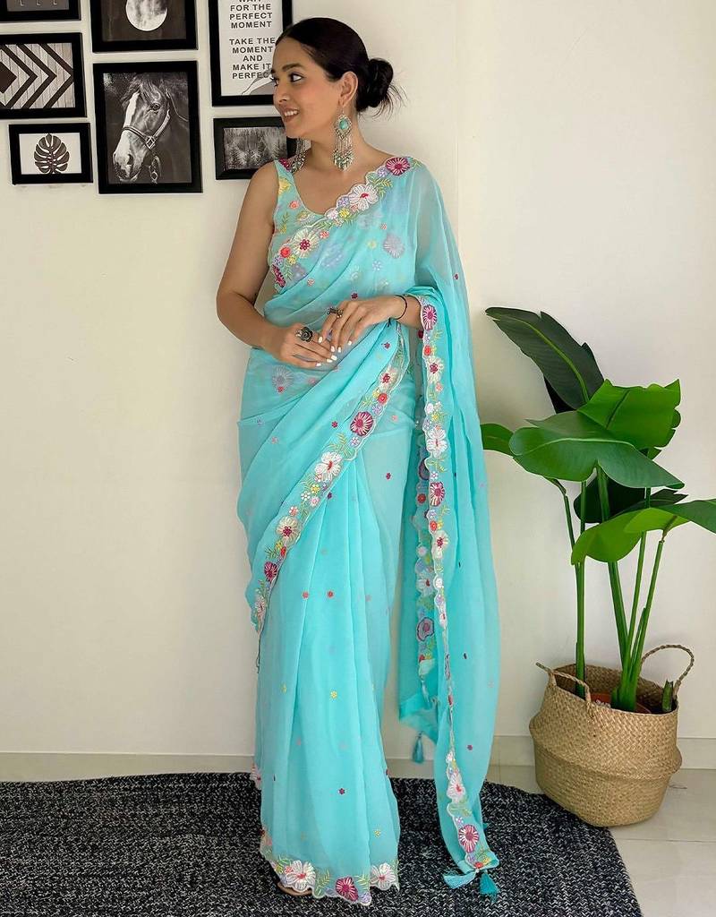 blue floral embroidered sequinned  saree