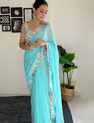 blue floral embroidered sequinned  saree 4