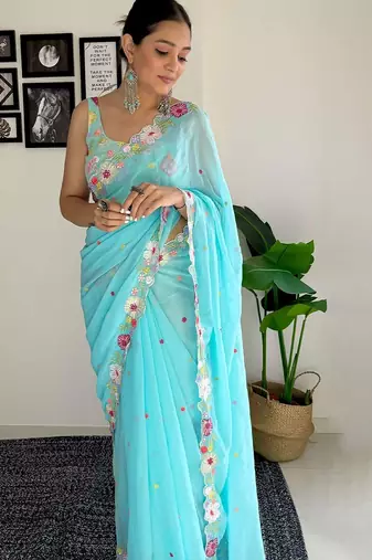 blue floral embroidered sequinned  saree