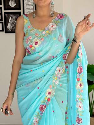 blue floral embroidered sequinned  saree 5