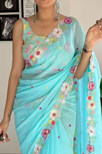 blue floral embroidered sequinned  saree