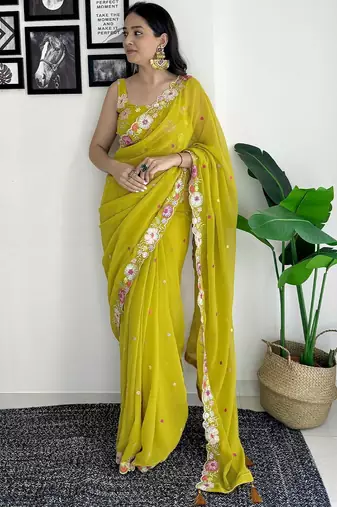 mustard floral sequinned saree
