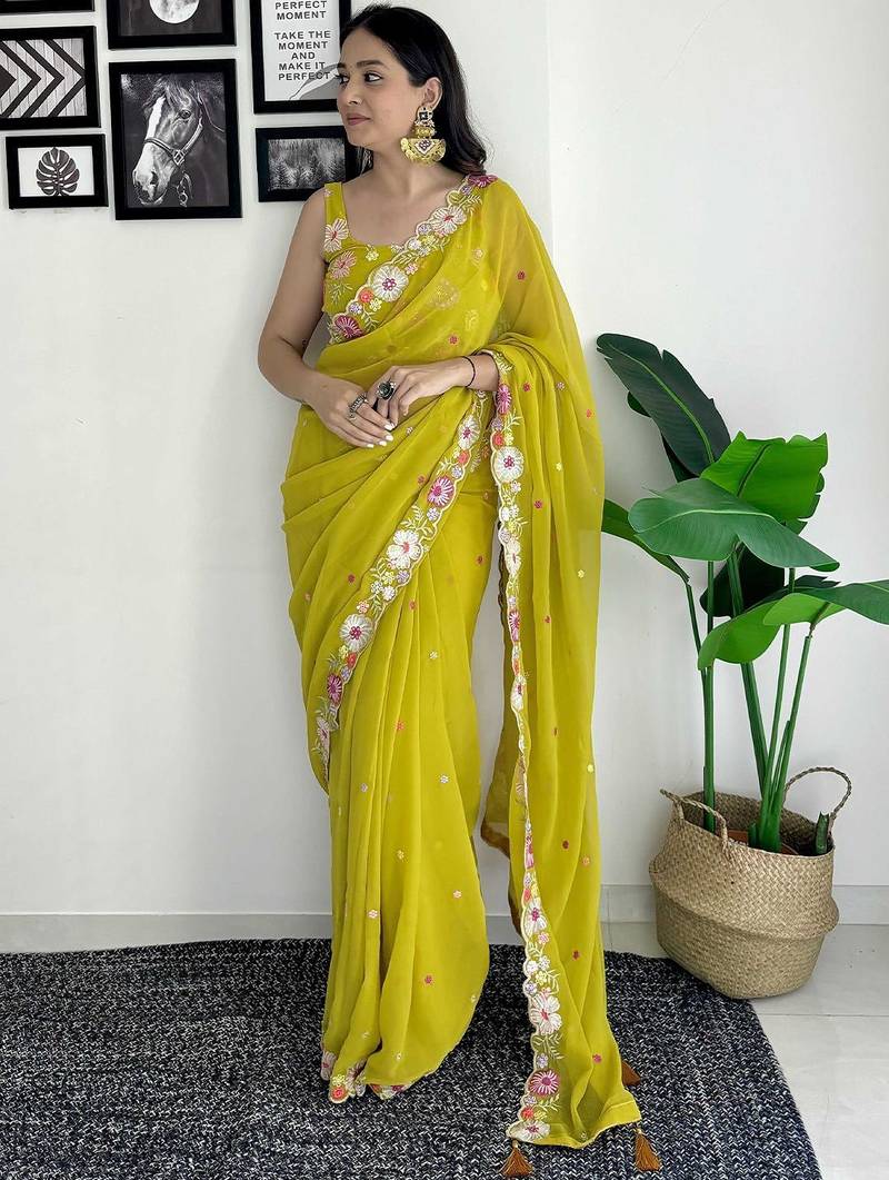 mustard floral sequinned saree