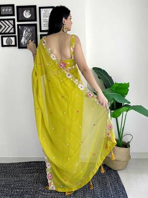mustard floral sequinned saree 2