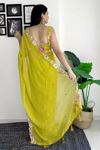mustard floral sequinned saree