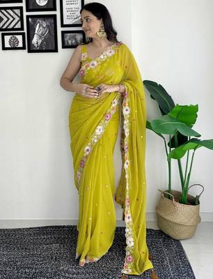mustard floral sequinned saree 3