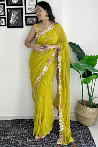 mustard floral sequinned saree