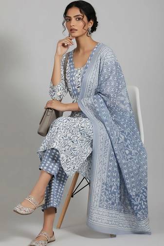 formal women printed kurta with trousers with dupatta