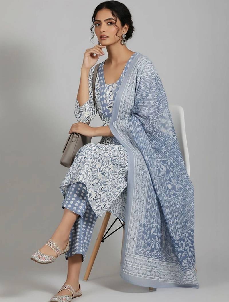 formal women printed kurta with trousers with dupatta