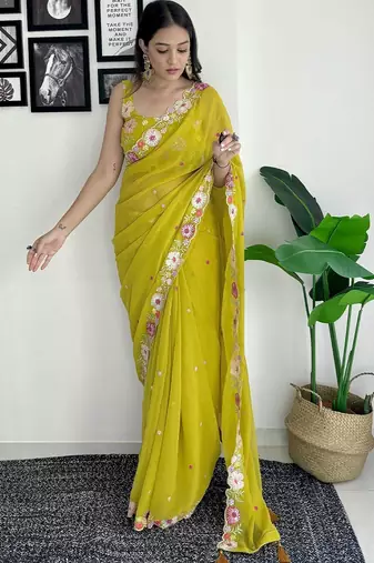 mustard floral sequinned saree