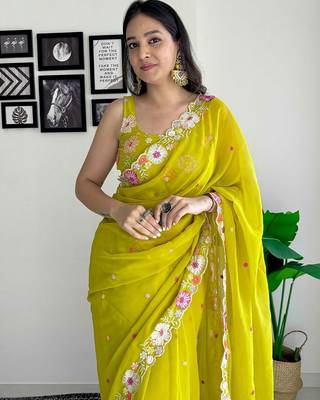 mustard floral sequinned saree 5