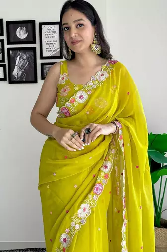 mustard floral sequinned saree