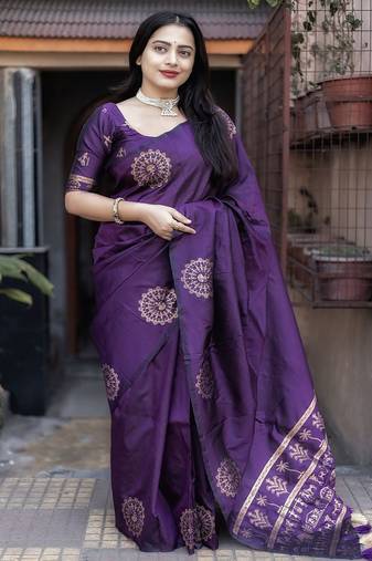 purple ethnic motifs woven design zari banarasi saree