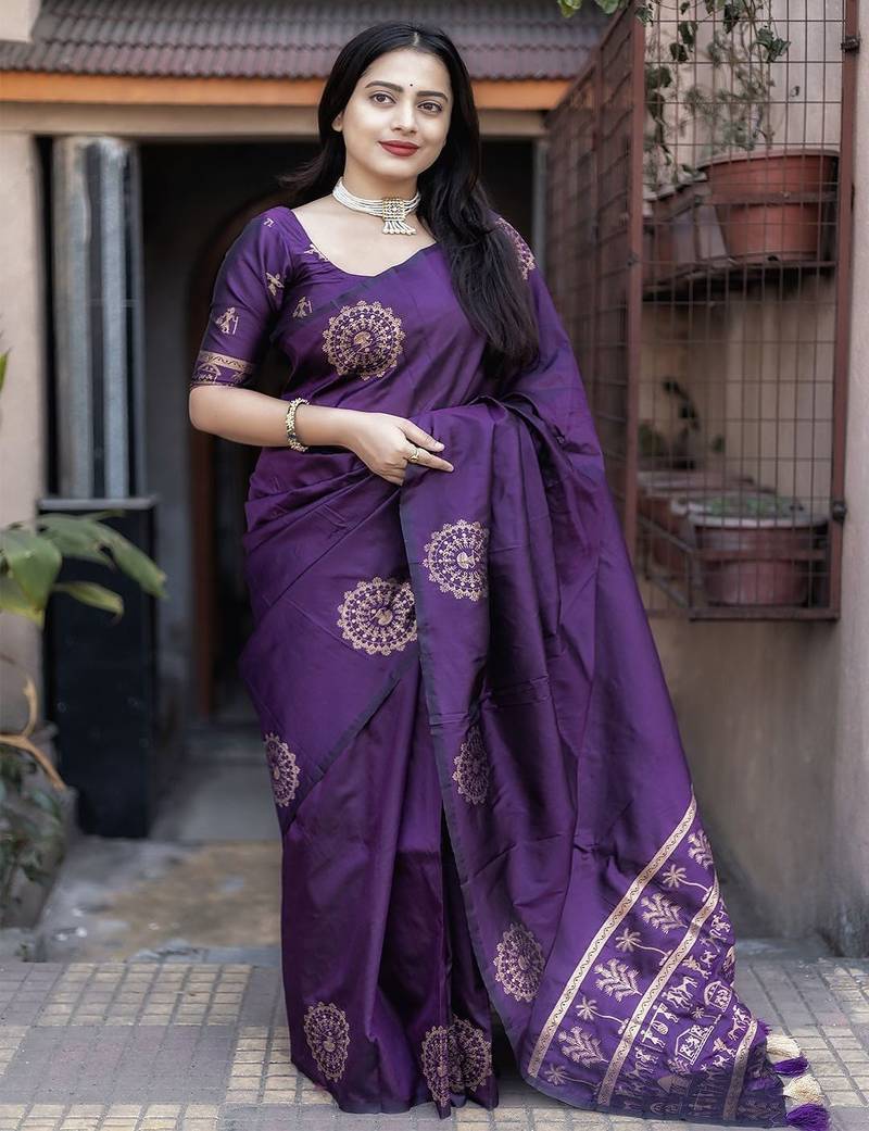 purple ethnic motifs woven design zari banarasi saree