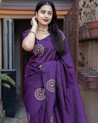 purple ethnic motifs woven design zari banarasi saree 2