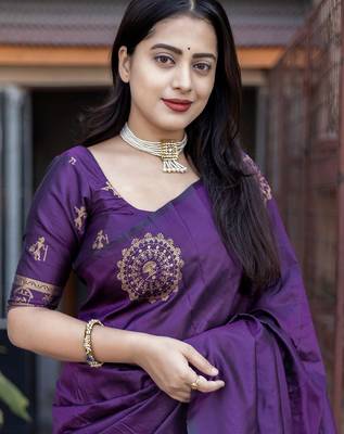 purple ethnic motifs woven design zari banarasi saree 3