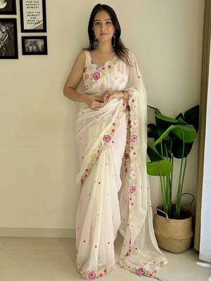 white embroidered sequinned poly georgette saree 1