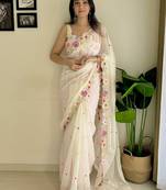 white embroidered sequinned poly georgette saree