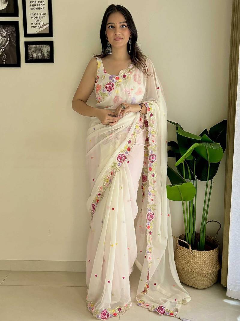 white embroidered sequinned poly georgette saree
