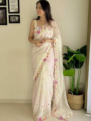 white embroidered sequinned poly georgette saree 2