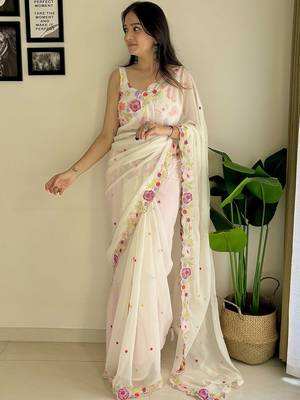 white embroidered sequinned poly georgette saree 3