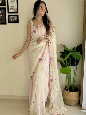 white embroidered sequinned poly georgette saree 4